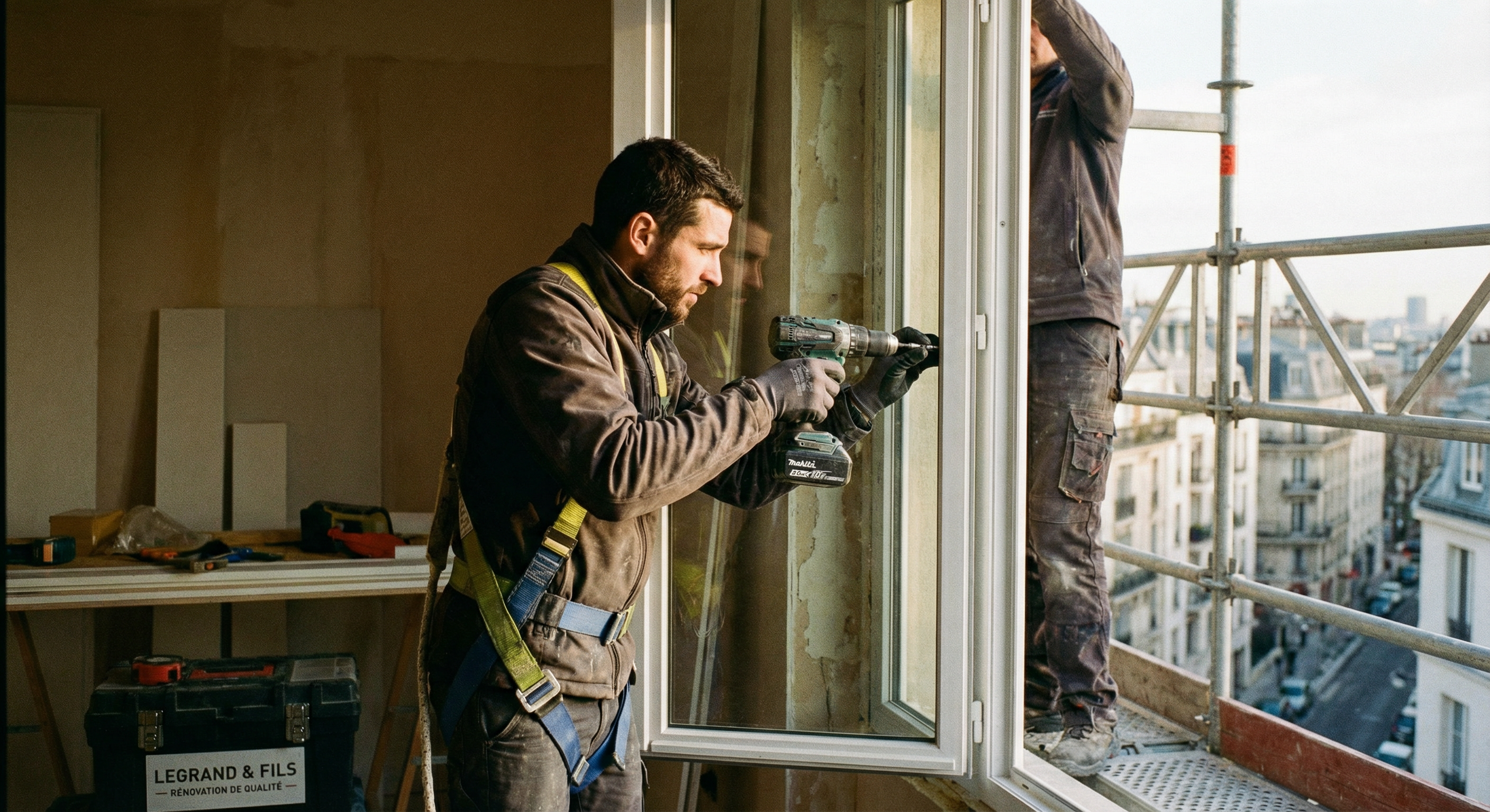 Technicien Novatec installant une fenêtre