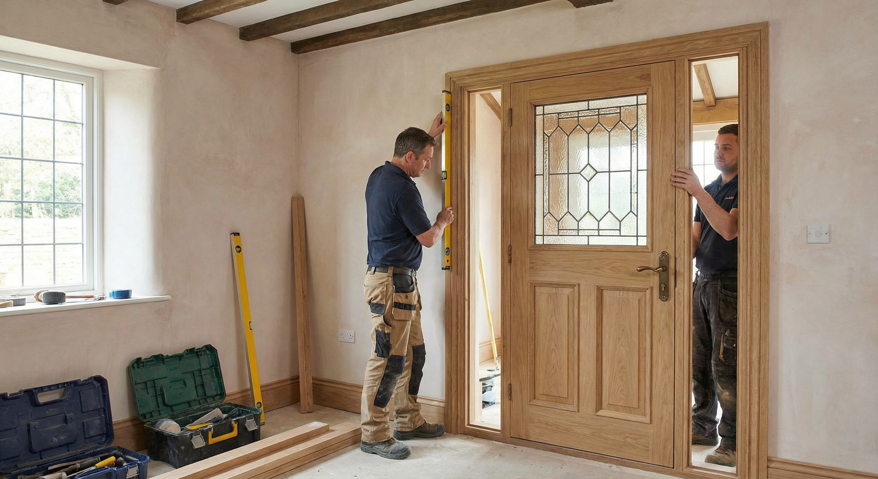 Technicien en train d'installer une porte d'entrée